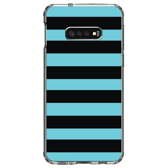 DistinctInk Clear Shockproof Hybrid Case for Samsung Galaxy S10e (5.8" Screen) - TPU Bumper, Acrylic Back, Tempered Glass Screen Protector - Black & Cyan Bold Horizontal Stripes