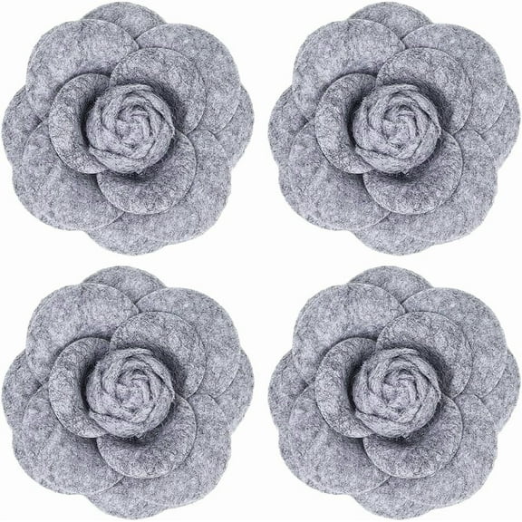 1 set 4pcs Cloth Art Camelia Brooch Pins Platinum Tone Iron Pin for Clothes Bags Multi-Layer Flower Badge Gray 67.5x33mm Polyester
