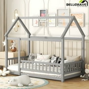 Bellemave Twin Floor Bed for Kids, Wood Twin Size House Bed Frame with Fence, Montessori Toddler Bed for Kids Girls Boys Teens (Gray)