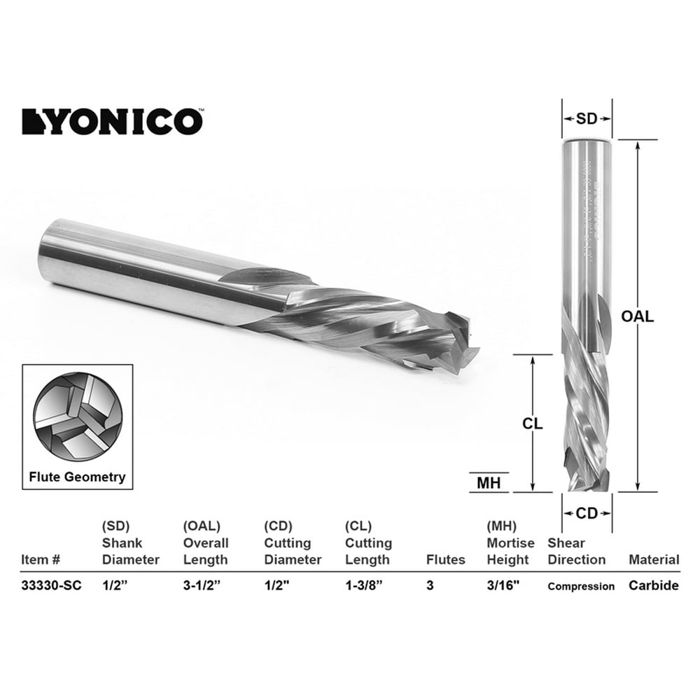 CNC Router Bit 3 Flute Compression Cut 1/2" X 13/8" 1/2" Shank YONICO