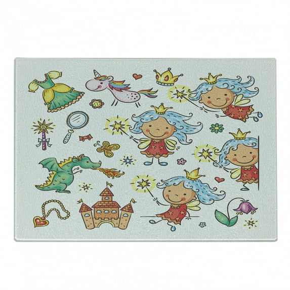 Cutting Board, Cartoon Cartoon Pattern with Magic Wand Dragon Dress Unicorn and Crown Little, Decorative Tempered Glass Cutting and Serving Board, Small Size, Multicolor, by Ambesonne