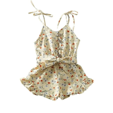 

EHTMSAK Infant Baby Toddler Kids Clothes Floral Bowknot Jumpsuit for Girl Summer Cotton Sleeveless Button Suspender Romper Beige 6M-4Y 90
