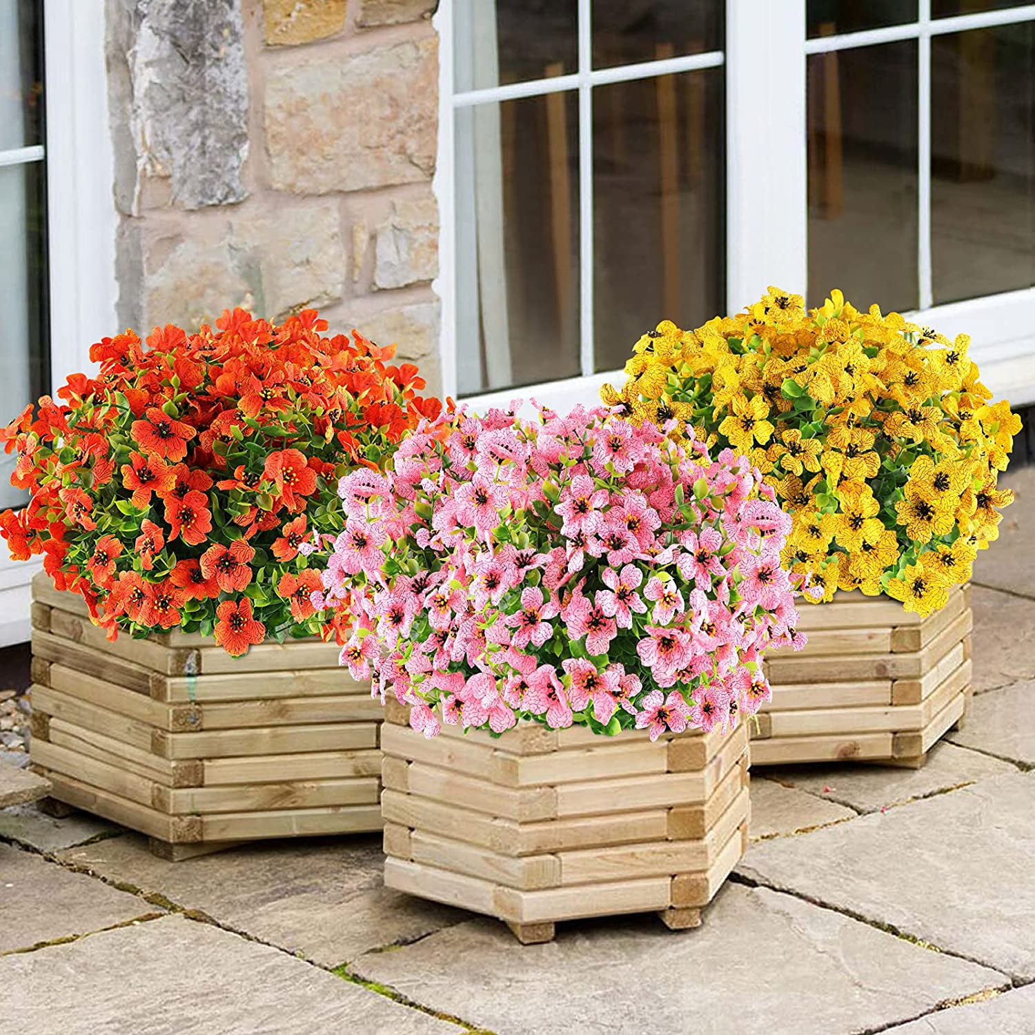Sinhoon 18 Bundles Artificial Flowers UV Resistant Fake Plants Outdoor Faux Plastic Flowers Garden Window Box Porch Home Decor (Yellow)