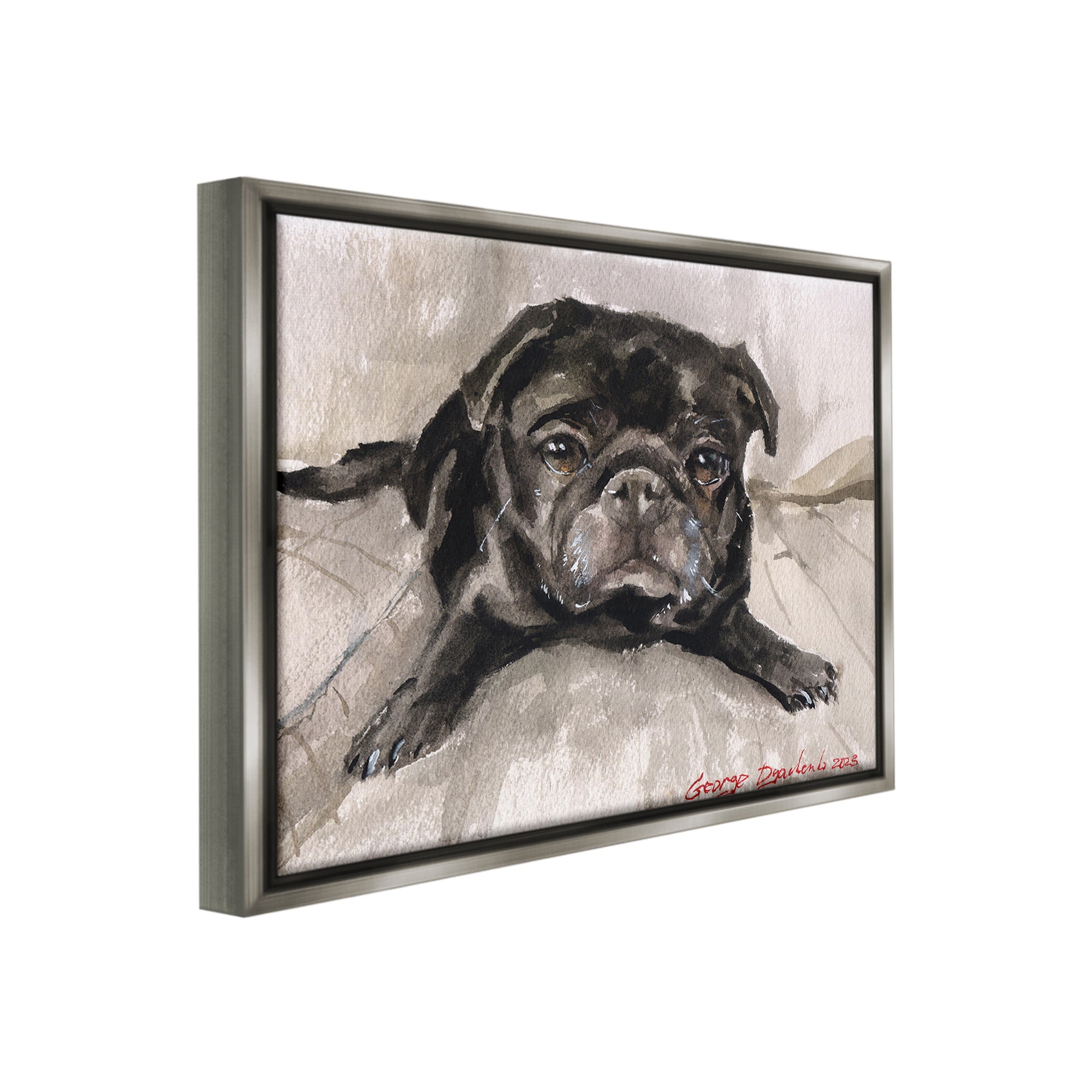 Stupell Industries Cozy Pug Relaxing Animals & Insects Painting Gray Floater Framed Canvas Art Print Wall Art, 31 x 25