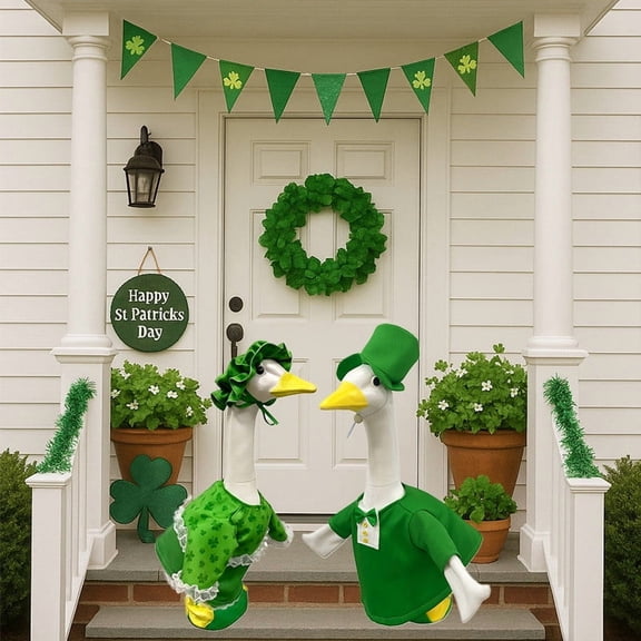 romoty St. Patrick's Day Porch Goose Outfit Set, 23-Inch Decorative Cement Goose Clothes with Hat and Bonnet, Shamrock Patterned Holiday Lawn Ornament Accessories, Lucky Green Garden Decor