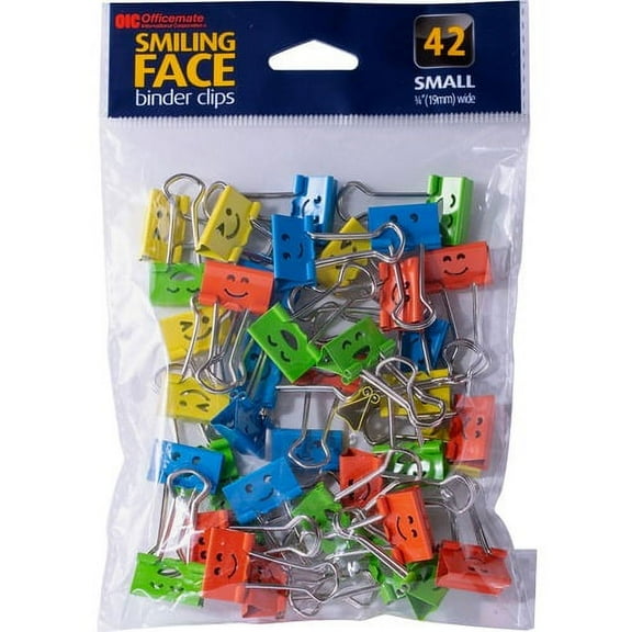 Officemate Smiling Faces Binder Clips - Small - 2.9" Length x 0.8" Width - 0.38" Size Capacity - Foldable, Removable Handle - 42 / Bag - Green, Red, White, Yellow | Bundle of 5 Packs