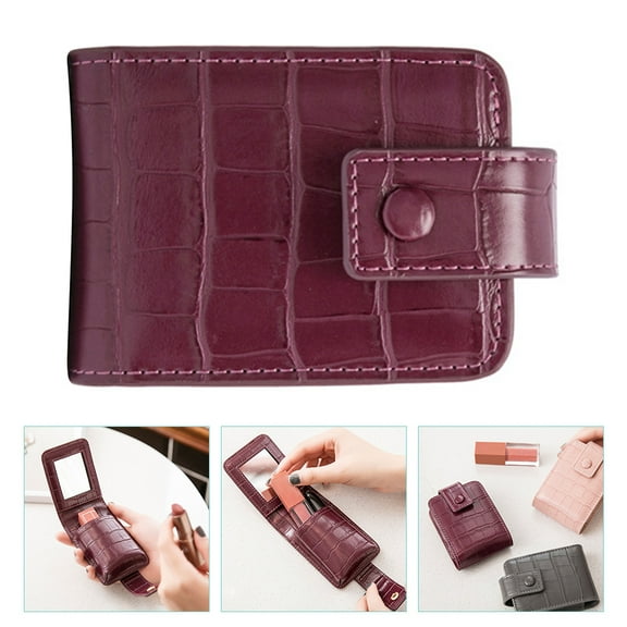 HAKIDZEL Portable Lipstick Case With Mirror For Purse Small Pouch 1Pcs Dark Red Pu .73X2.75X1.18in