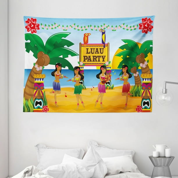 Tiki Bar Decor Tapestry, Hawaiian Luau Party in Cartoon Style Dancers on Beach Festive Tradition, Wall Hanging for Bedroom Living Room Dorm Decor, 80W X 60L Inches, Multicolor, by Ambesonne Tiki Bar Decor Tapestry, Hawaiian Luau Party in Cartoon Style Dancers on Beach Festive Tradition, Wall Hanging for Bedroom Living Room Dorm Decor, 80W X 60L Inches, Multicolor, by Ambesonne