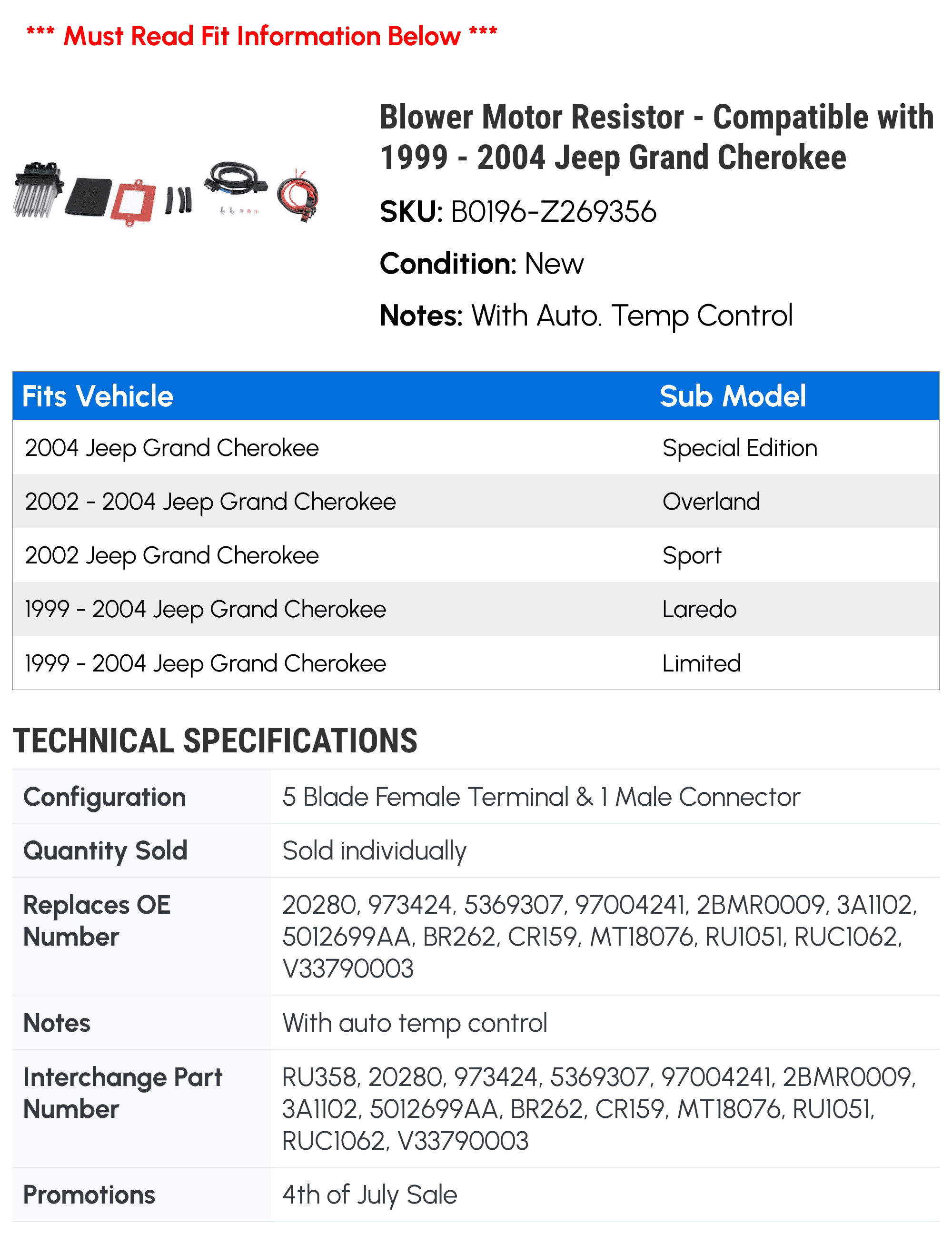 Blower Motor Resistor - Compatible with 1999 - 2004 Jeep Grand Cherokee 2000 2001 2002 2003