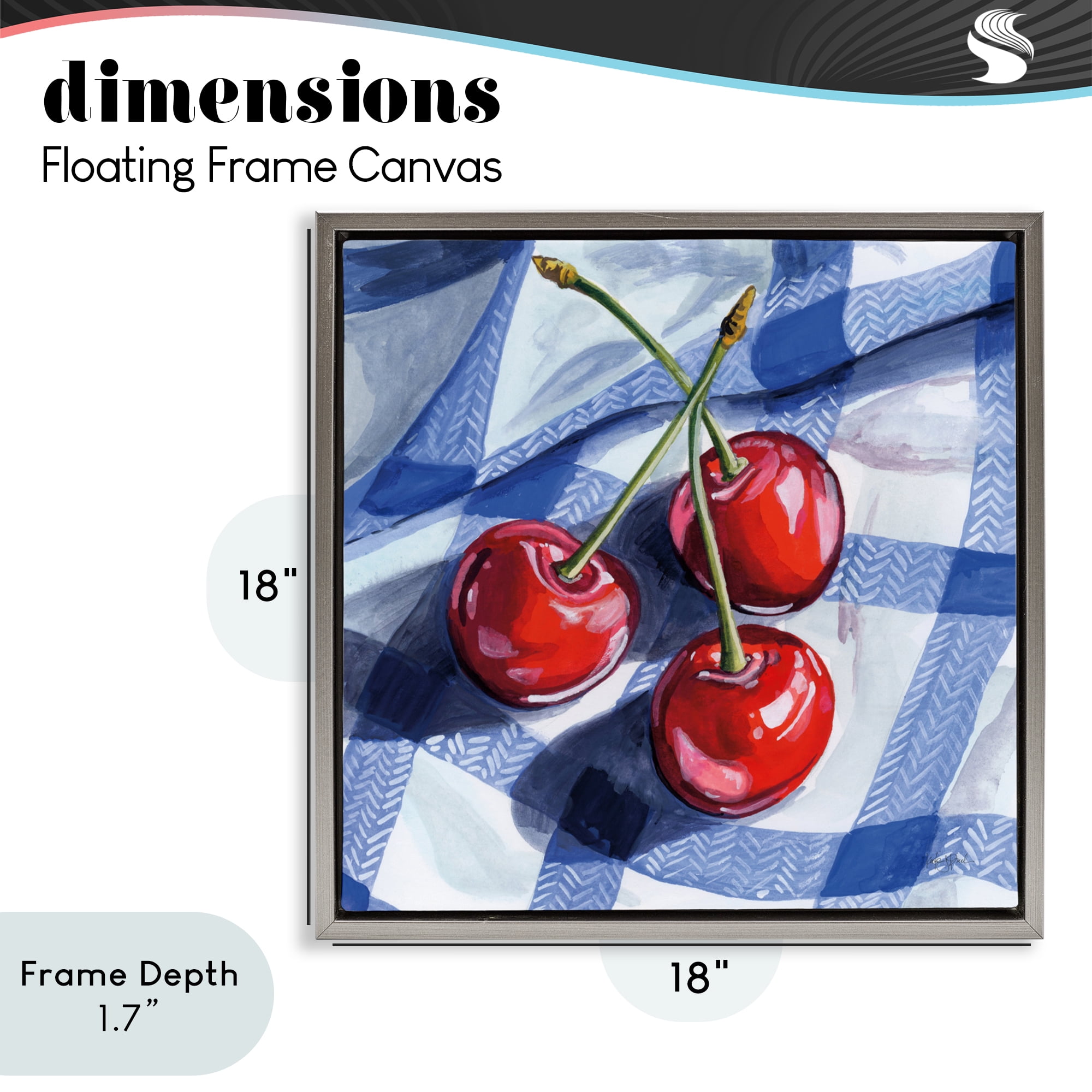 Stupell Industries Three Picnic Cherries on Gingham Gray Framed Floater Canvas Wall Art, design by Kate Jarvik Birch