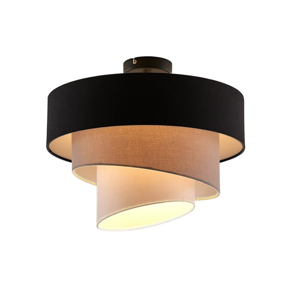 Lucande 15.7" Semi Flush Mount Ceiling Light Fixture, 3-Tier Drum Chandelier Black Grey White Fabric Shade, Modern Bedroom & Living Room Light Fixture, E26 Base, Hardwired, Bulb Not Included