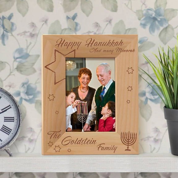 Happy Hanukkah and Many Menorah Personalized Wooden Picture Frame 3 1/2" x 5" Brown (Vertical)