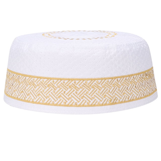 Polyester Mixed Cotton Cloth Muslim Prayer Hat Islam Man Embroidery Hat (Yellow 59cm)
