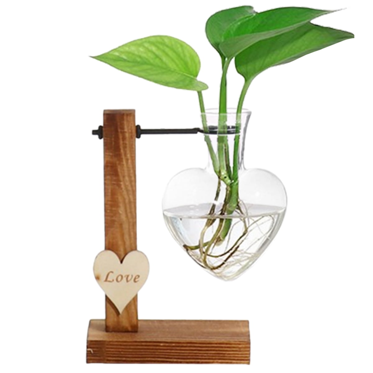 Creative Double Heart Glass Hydroponic Vases Glass Plant Terrarium with Wooden Stand Modern Plant Propagation Station Desktop Planter Bulb Vase for Home Garden Office Decoration 