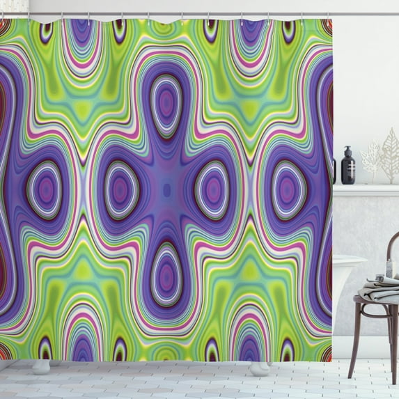 Art Abstract Shower Curtain, Whimsical Layout of Repetitive Symmetry Pattern Hypnotic Illusionary Motifs, Fabric Bathroom Set with Hooks, 69W X 75L Inches Long, Multicolor, by Ambesonne