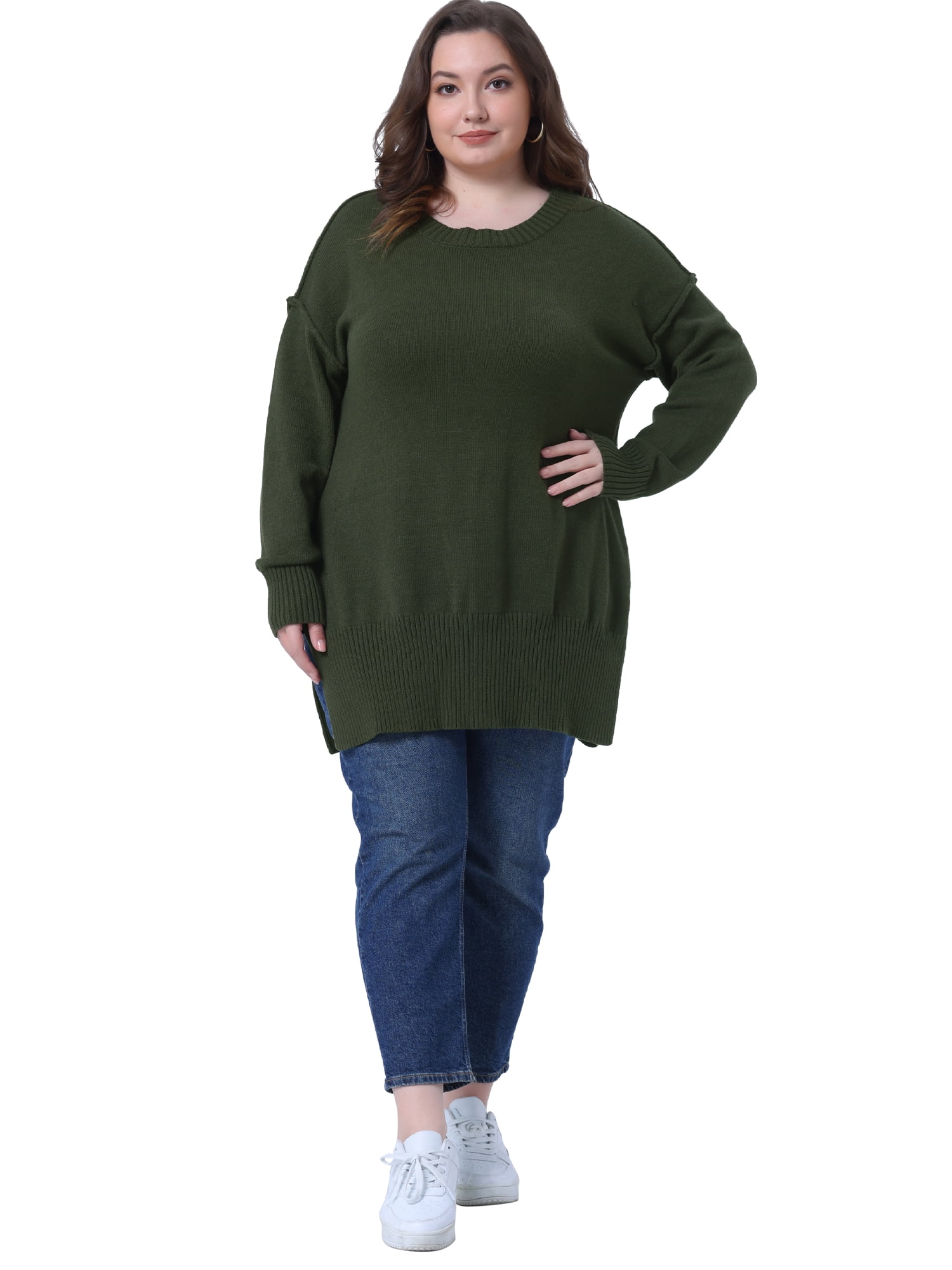 DARING DIVA Women's Plus Crew Neck Long Sleeve Slit Hem Pullover Sweater 4X Army Green