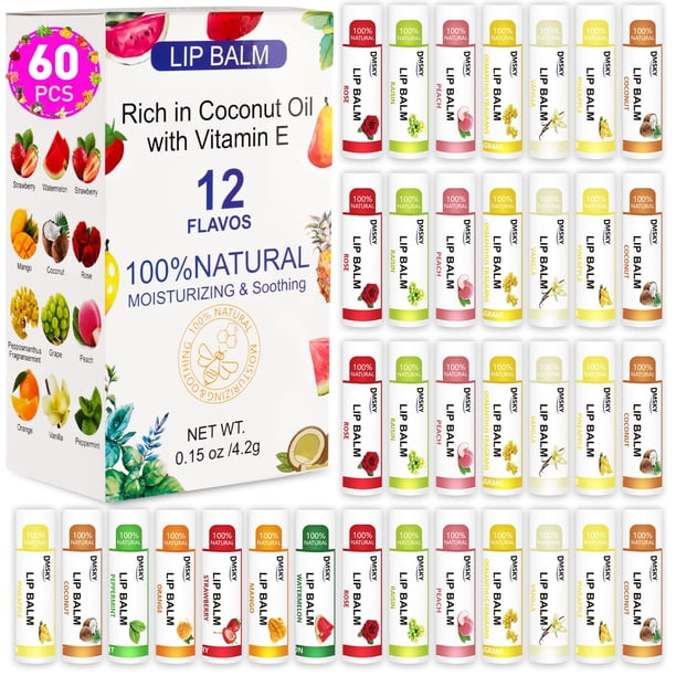 Bálsamo labial DMSKY, paquete de 60 unidades, natural, con vitamina E y aceite de coco
