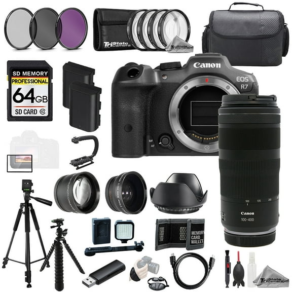 Canon EOS R7 Camera   RF 100-400mm f/5.6-8 IS USM Lens 64GB Ext Bat 9 PC Filter-MEGA Kit (International Version)