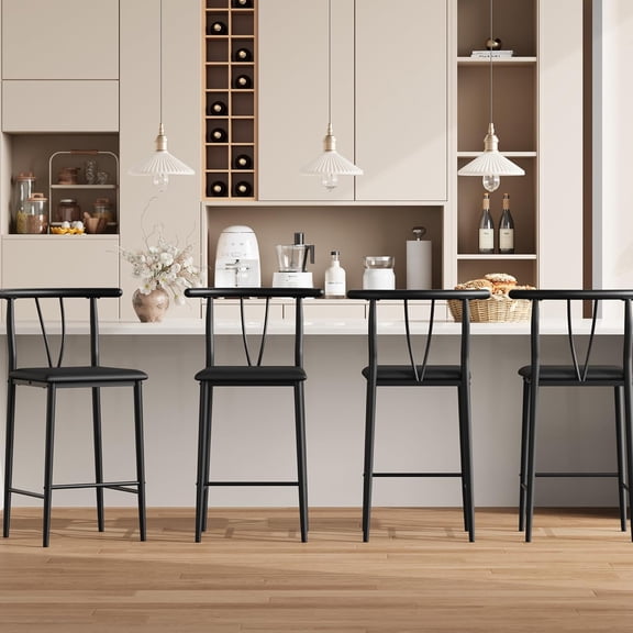 Bar Stools Set of 4 with Backrest and Footrest, Kitchen Barstools with Thick Cushion, 25 in Counter Height Bar Stools, for Dining Room, Kitchen Island Counter Chairs, Black
