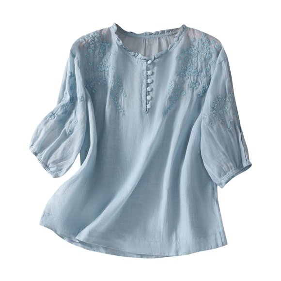 CHOK Womens Tops Dressy Casual 2024 Cotton Linen Solid Color Shirts Mexican Embroidered Peasant Blouses Short Sleeve Turndown Collar T Shirts Hawaiian Beach Comfy Breathable Tops