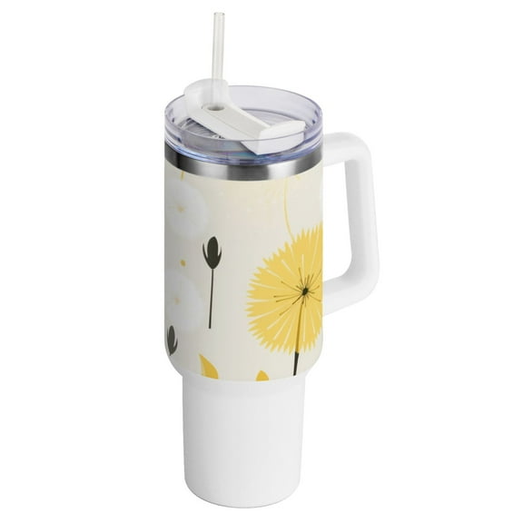 40 oz Tumbler with Handle and Straw Insulated Travel Mug Reusable Stainless Steel Water Bottle Yellow Dandelion