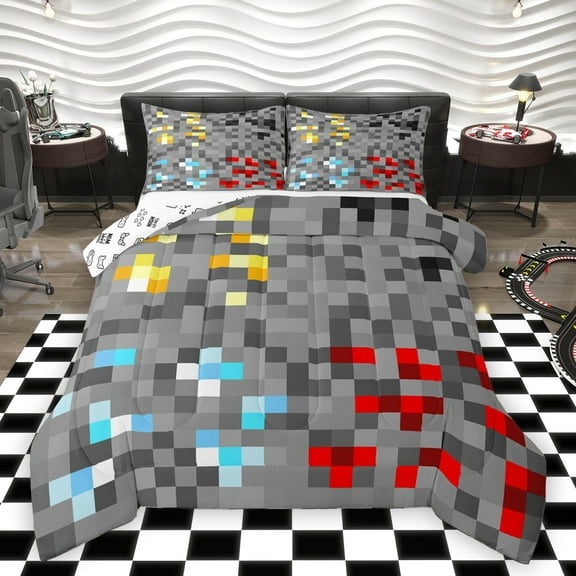 Homewish Pixelate Miner Chid Bedding Comforter Set, Cartoon Square Rectangle Twin Comforter Sets, Vintage Game Lover Reversible Bedding Set, Breathable Home Decor, 2pcs