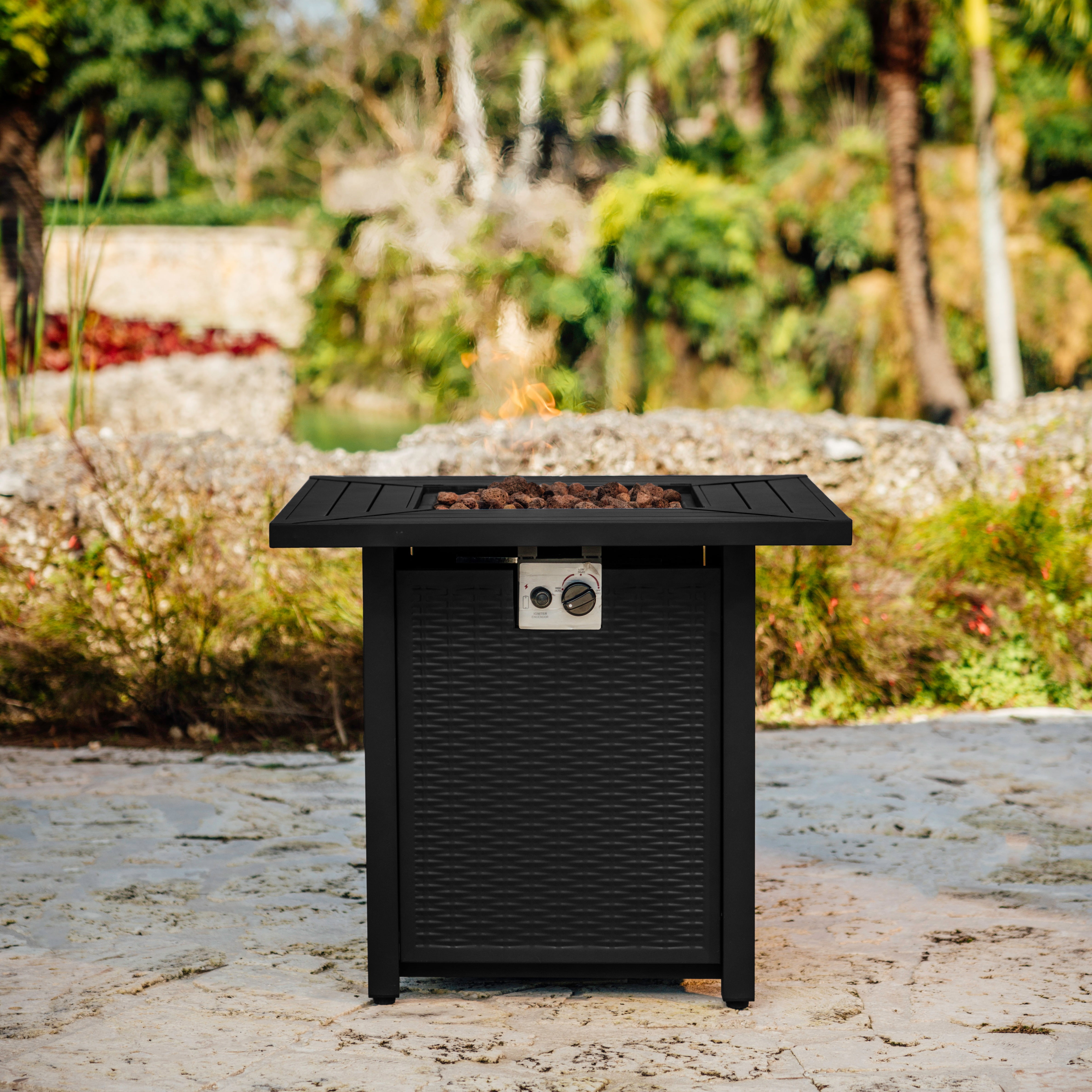 Hearth & HArbors 28” Propane Fire Pit Table for Outside with Lava Rocks, Weatherproof Protective Cover and Electronic Ignition, Black