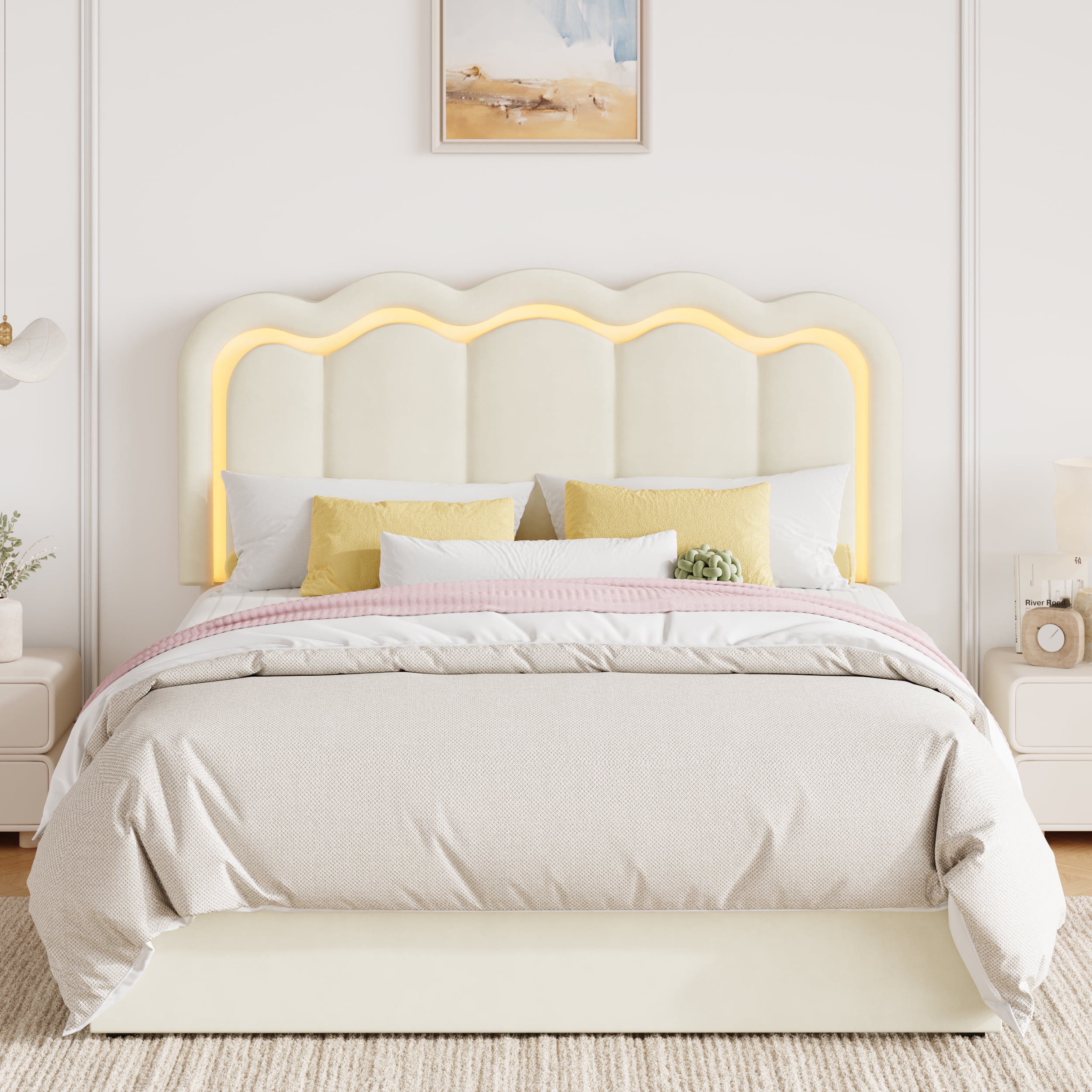 Amolife Queen Size LED Bed Frame with Drawer, Platform Bed with Velvet Upholstered Adjustable Wavy Headboard, Cream