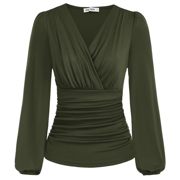 Camisa de manga larga GRACE KARIN para mujer, fruncida, color verde militar, talla S