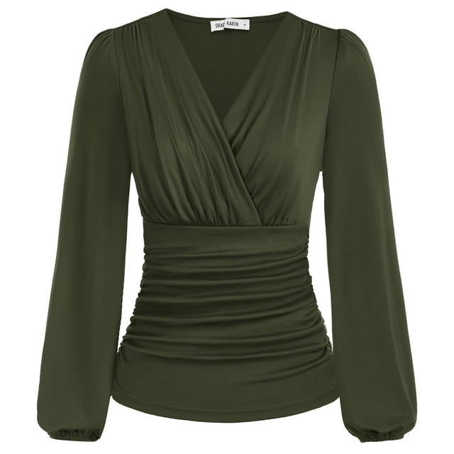 Camisa de manga larga GRACE KARIN para mujer, fruncida, color verde militar, talla S