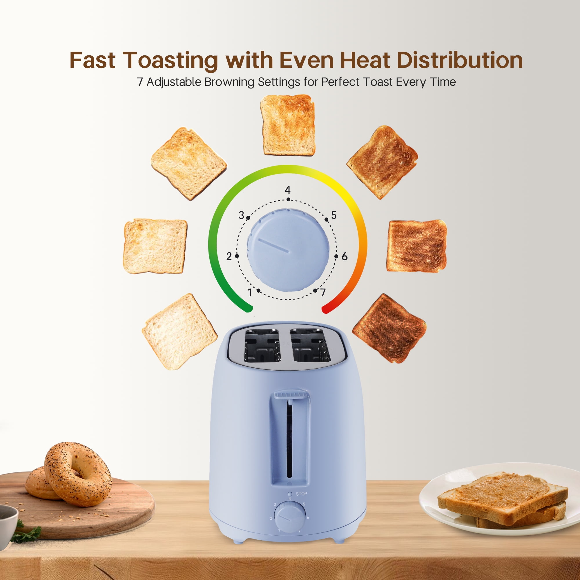 NBTX Toasters 2 Slice Wide Slot With 7-Shade Toast Settings, Slide-Out Crumb Tray, Auto-Shutoff, Faster Heating Speed, Toast Lift Perfect for Toasting Bread Bagels Waffles and Puff Pastry, Blue