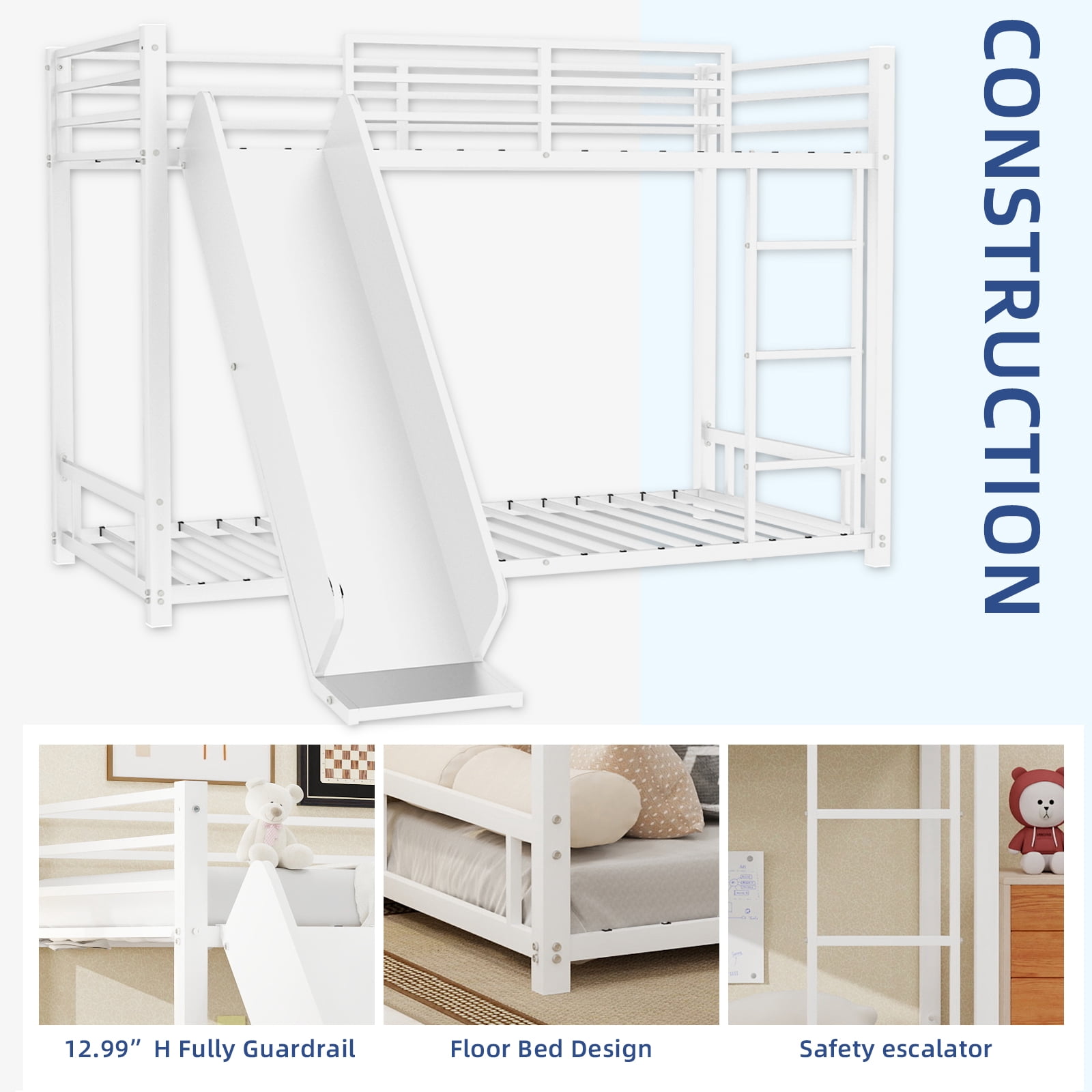 Leumius Twin Bunk Bed with Slide,Heavy Duty Metal Bed Frame with Ladder and Durable Guardrail,Space Saving,Easy Assembly,White