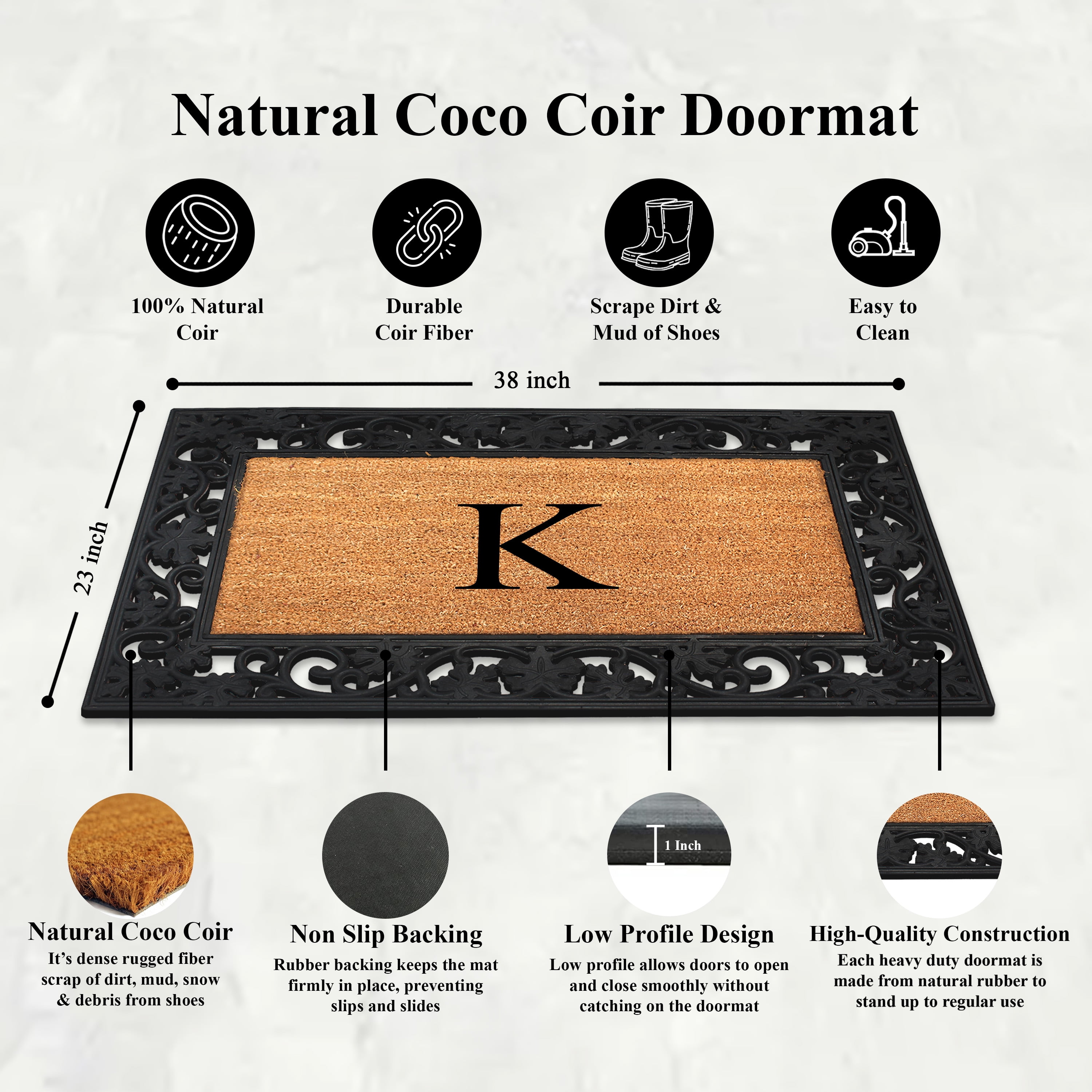 A1 Home Collections Rubber Coir Doormat Outdoor Entrance Floor Entryway Mat, Beige/Black, 23"x 38"