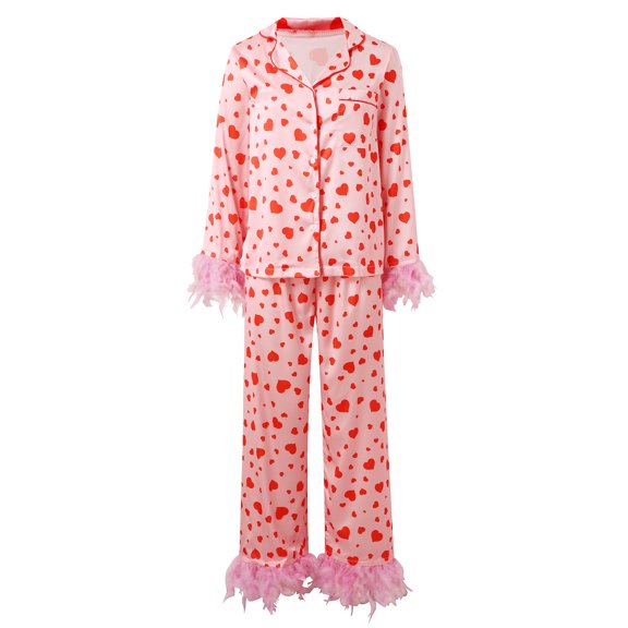 Silk Pjs Sets for Woman Two Piece Women’s Valentines Pajamas Long Sleeve Button-Down Sleepwear Loungewear Heart Print Pajama Set for Women