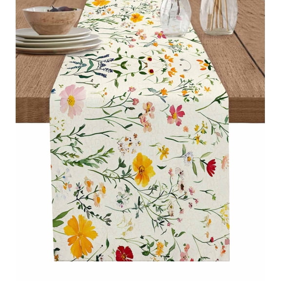 Beige Farmhouse Floral Table Runner 48 Inches, Spring Summer Botanical Bed Runner Dresser Scarves Tabletop for Indoor Outdoor Parties/Ceremony/Banquet, 13" x 48"