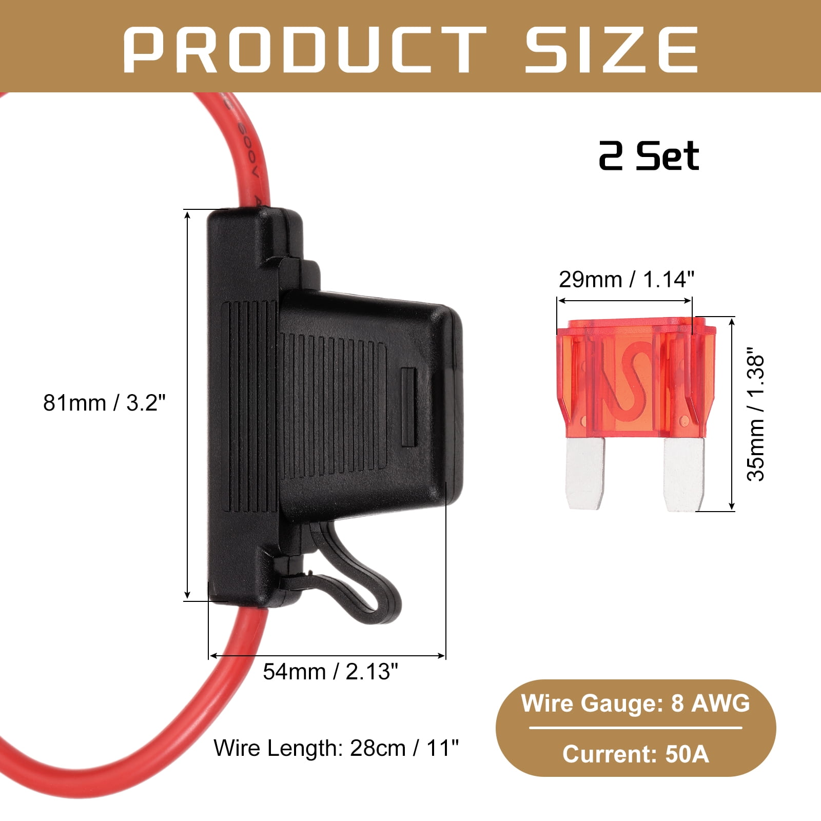 2 Pcs Inline Fuse Holder DC 32V 8 AWG Waterproof Blade Fuse Holder with 50A Fuse