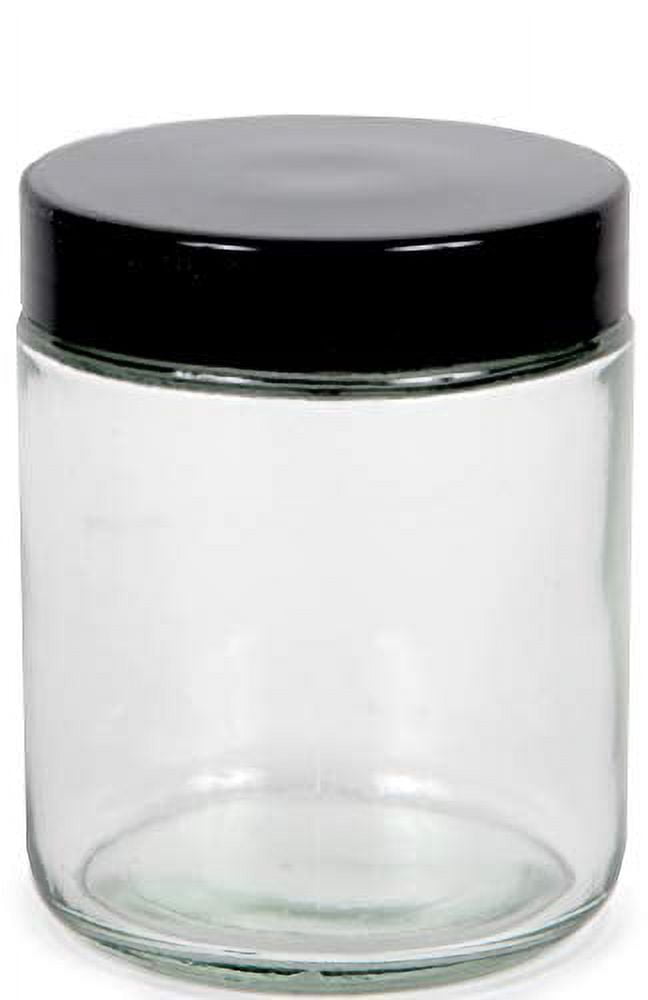 Vivaplex, Clear, 8 ounce, Round Glass Jars, with Black Lids - 8 pack