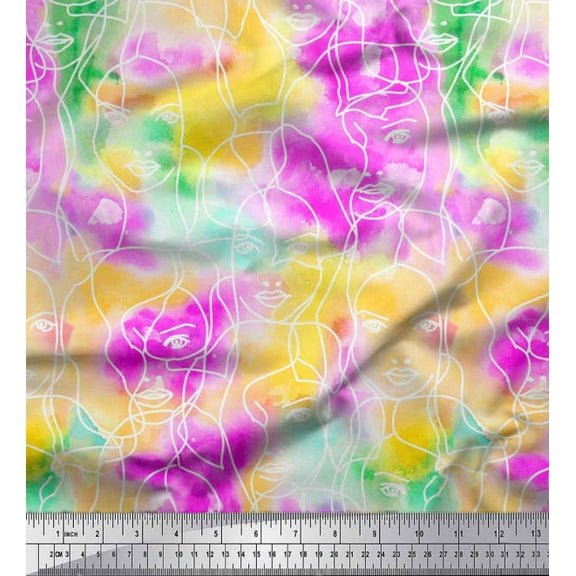 Soimoi Polyester Crepe Fabric Watercolor Women Face Face Fabric Prints by Yard 42 Inch Wide