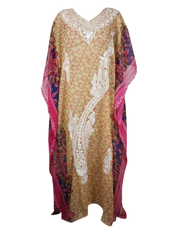 Womens Embroidered Caftan Orange Pink Kaftan Dress L-4XL