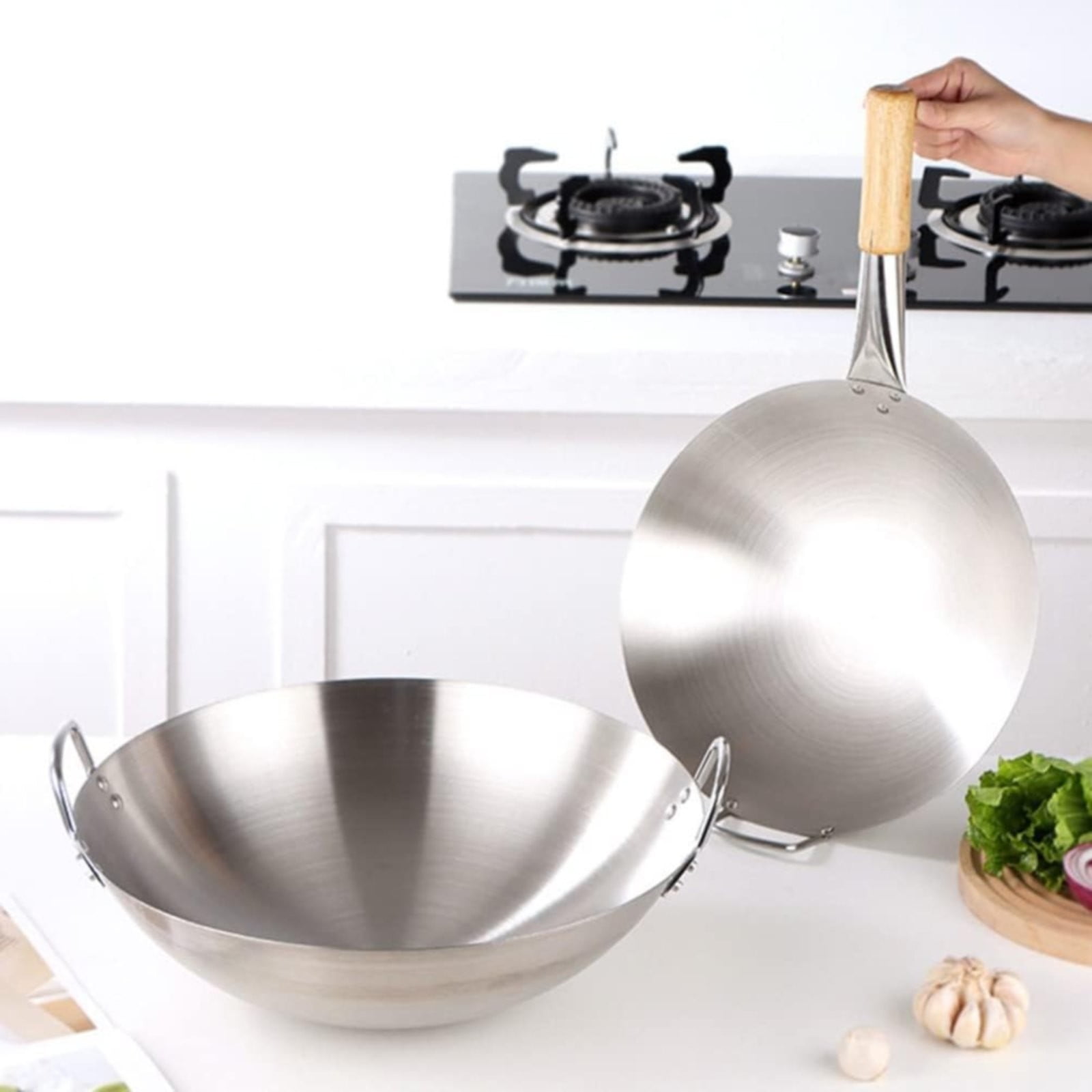 Polished Stainless Steel Round-Bottom Frying Pan with Two Ring Handles,11-Inch (28 X 28 Cm) Stainless Steel Round-Bottom Frying Pan,Suitable for Kitchens,Homes and Restaurants