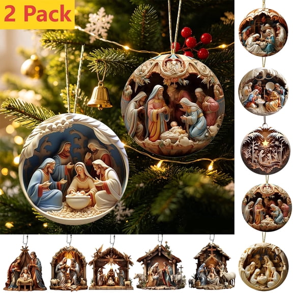 2 Pcs Nativity Scene Ornaments for Christmas Tree Religious Christmas Decorations, The Birth of Jesus Decor, Christian Scene Xmas Hanging Ornaments Gifts for Christmas Outdoor Home Decor