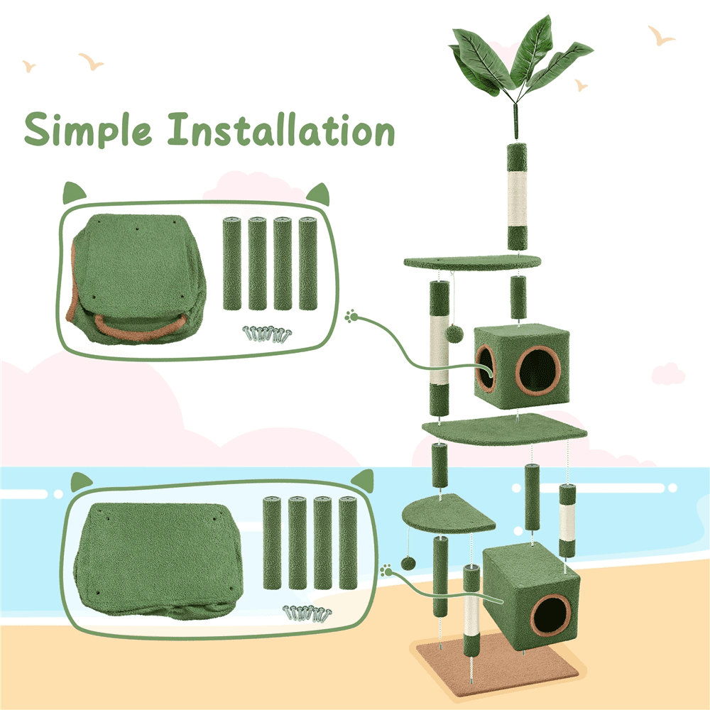 Yaheetech 59'' H Cat Tree Tower with 2 Condos & Scratching Posts, Green/Brown