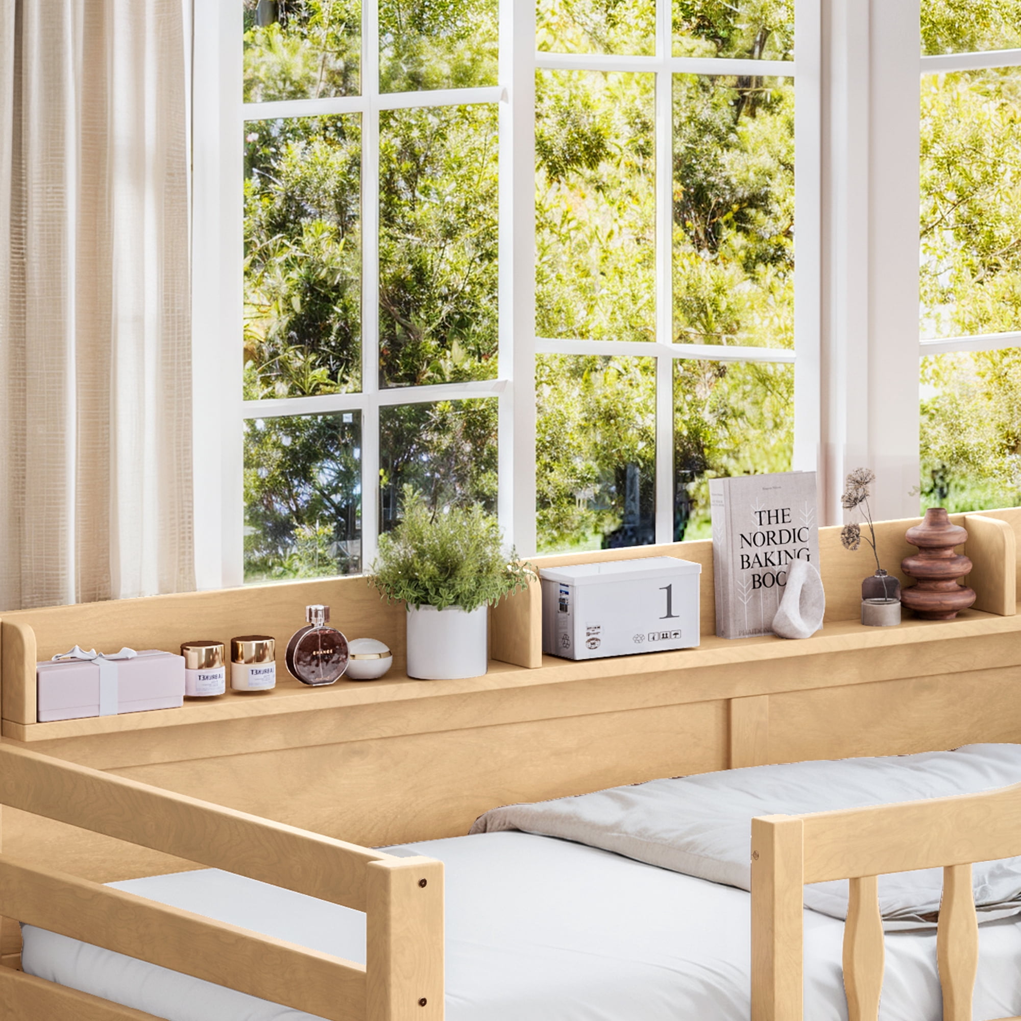 Leumius Twin XL over Queen Bunk Bed with Storage Drawers, Chic Curved Guardrail & Side Storage Shelves, Bunk Bed Frame with Ladder Natural