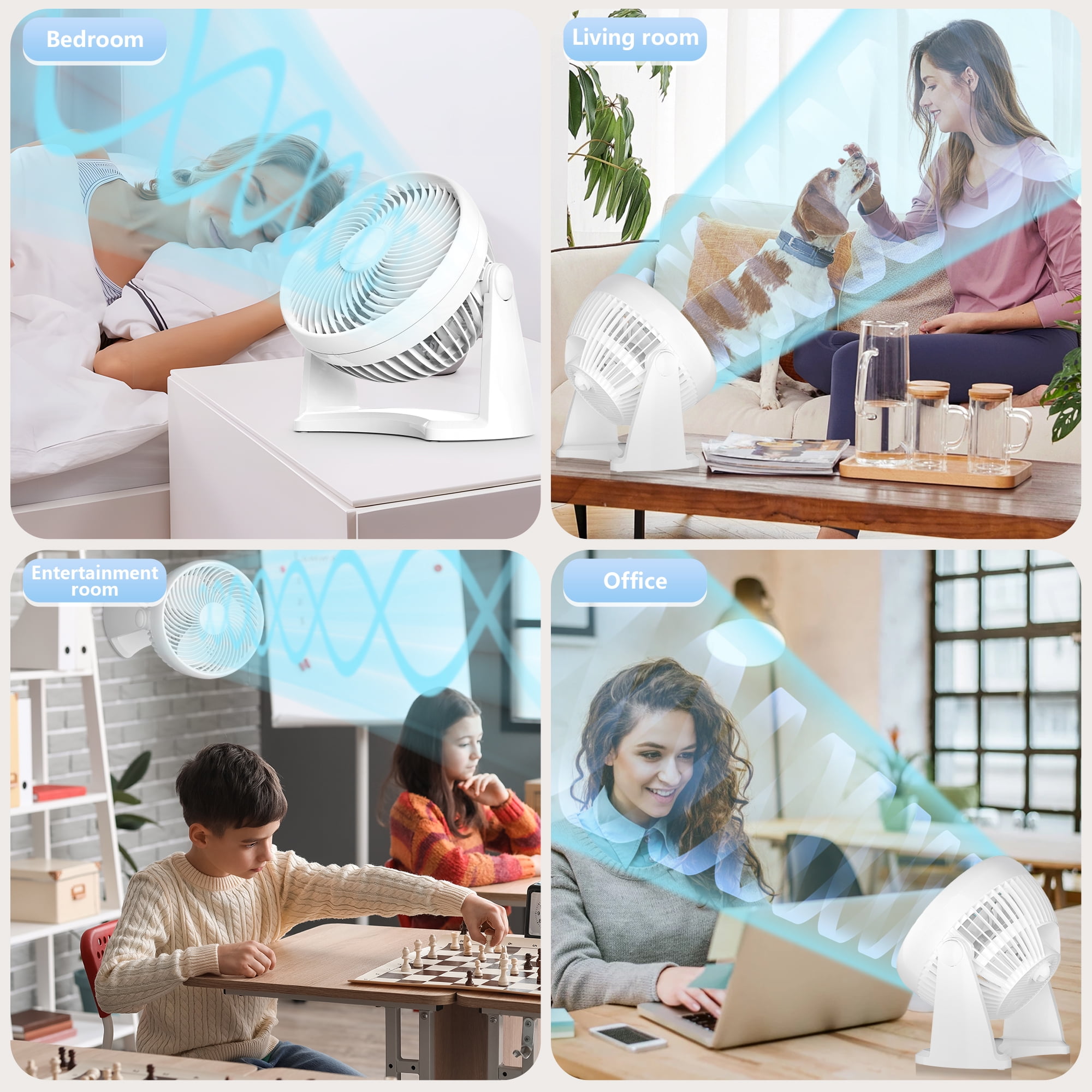 Qunler Table Fan, 9" Quiet Air Circulator Fan with 3 Speeds & 90° Pivoting Head, Air Conditioner Companion Small Desk Fan for Bedroom, Home, Office, Wall-Mounting Available, White
