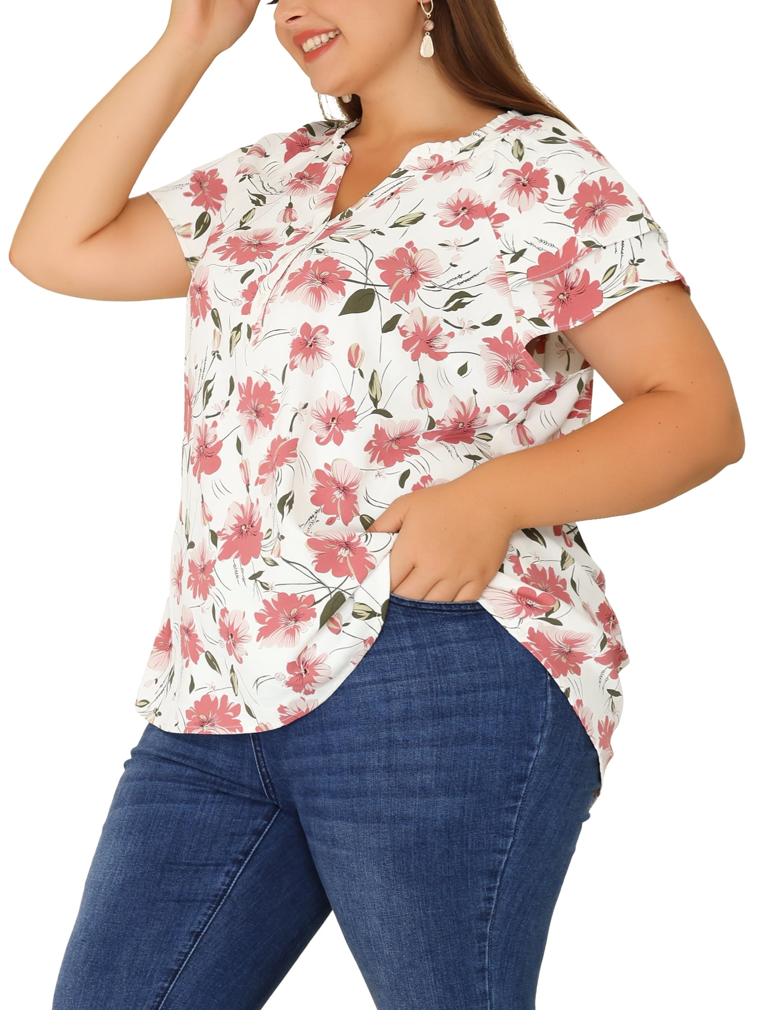 Unique Bargains Women's Plus Size Layered Sleeve V Neck Floral Tops Tunics 2X Pink White