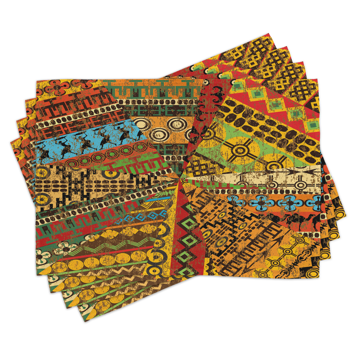 African Placemats Set of 4 Grunge Collage with Ethnic Motifs Tribal
