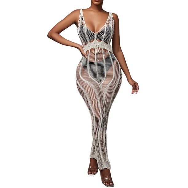Txlixc Suéter de playa de mono femenino suéter de playa transparente hueco sólido cuello V sin mangas mono largo bañador bikini Txlixc moda
