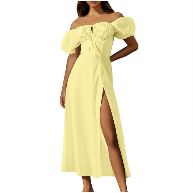 VEKDONE Robe Décontractée à Manches Bouffantes avec Fente et Lacets pour Femmes Printemps et Été Jaune TTTG