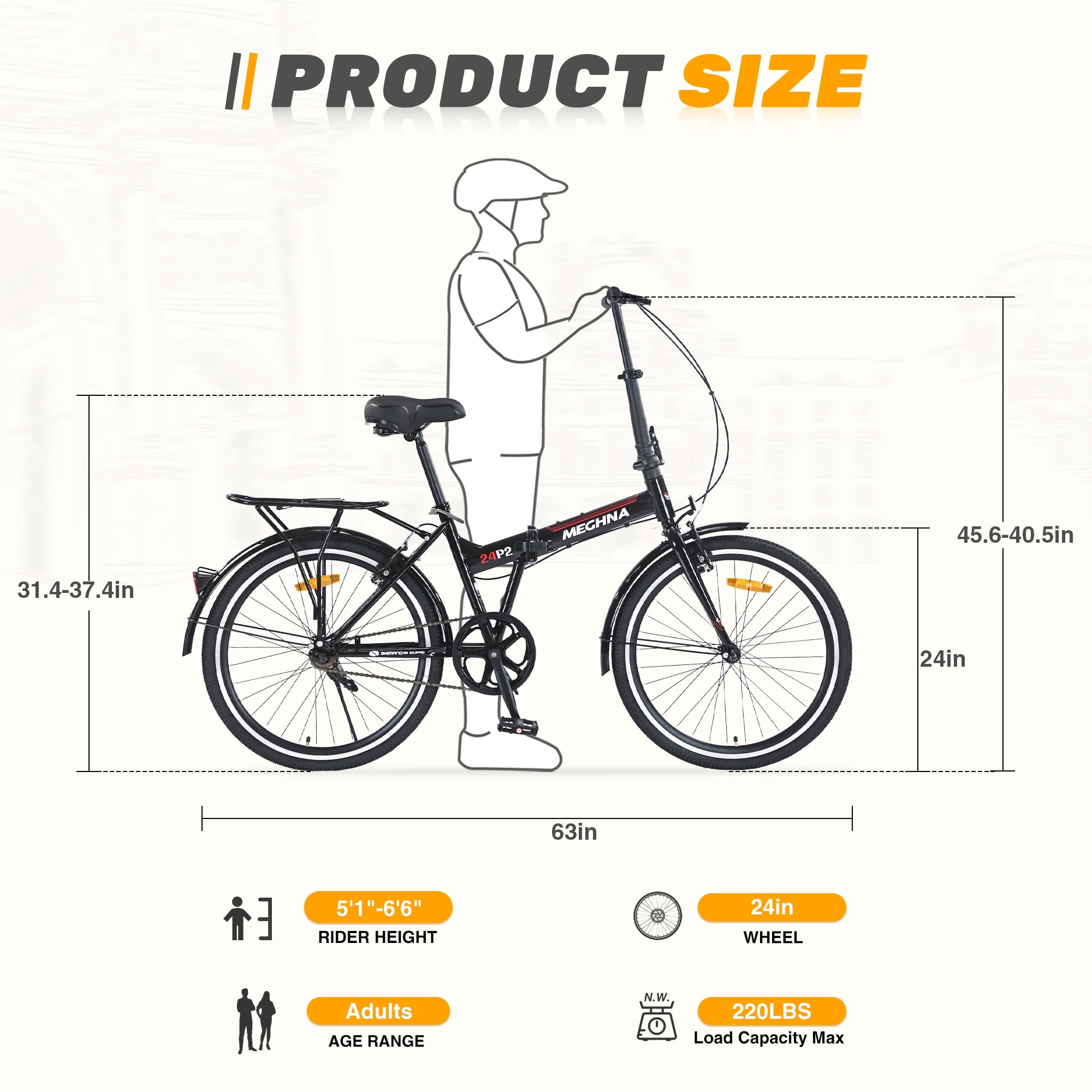 Ambifirner 24 Inch Folding Bike for Adults, Steel Frame Single Speed Commuter, Quick-Release Fold, Dual V-Brakes, Adjustable Leather Saddle, Full Fenders, Black