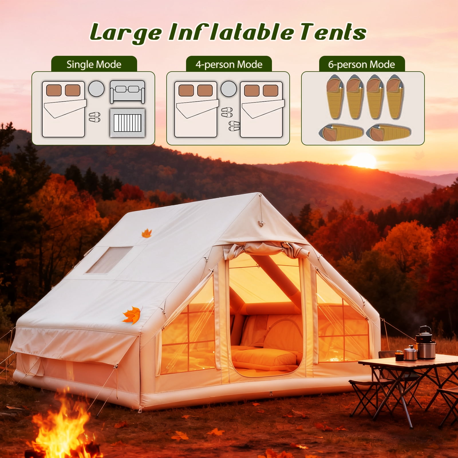 LEDMOMO Inflatable Camping Tent Beige 420D Oxford Cloth PVC Easy Setup Weatherproof Multi-Season Use